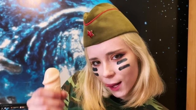 Sweetie fox mastutbating and sucking dildo in military outfit - SOLO