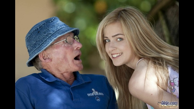 Beautiful teen sucks grandpa outdoors and she swallows it all