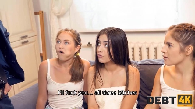 DEBT4k. Collector has enough talent to seduce three pretty besties