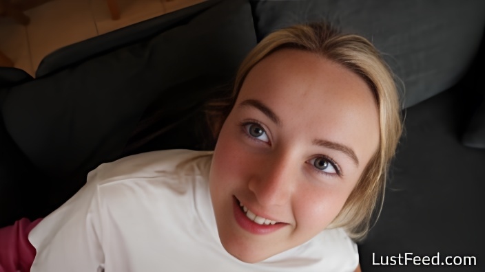 I gave a creampie to hot blonde teen Ann Joy on the sofa