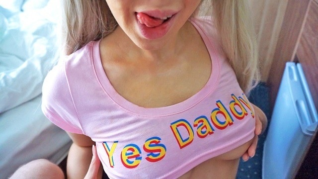 Sweet stepdaughter sucks my cock while I do the job - hot cum in throat cim